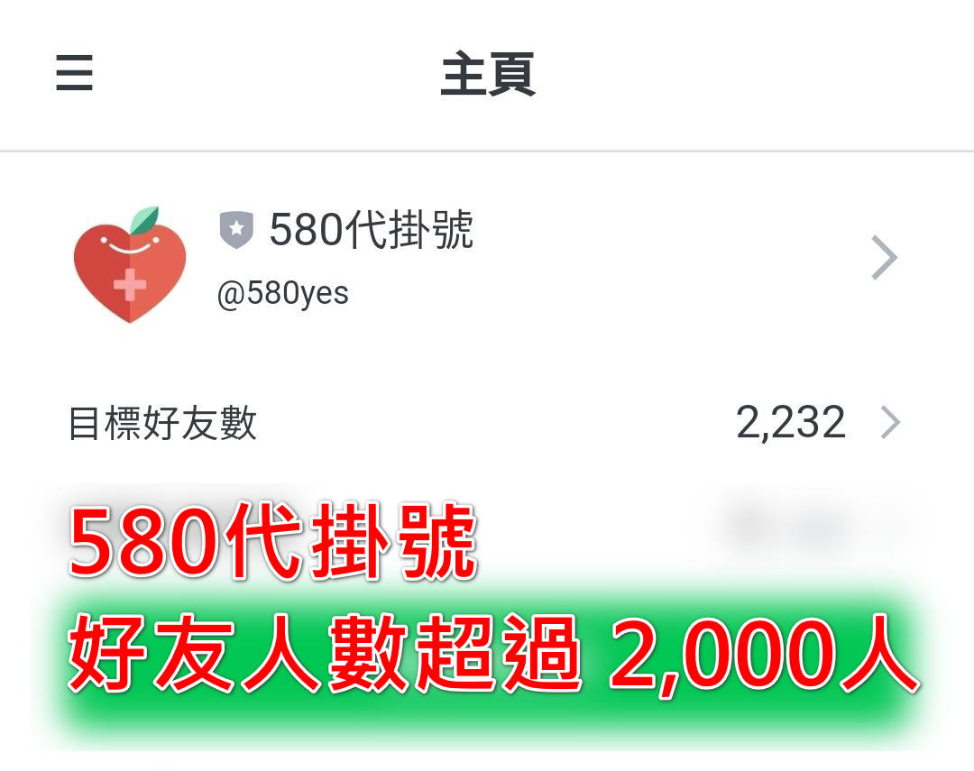 580代掛號好友人數超過2000人